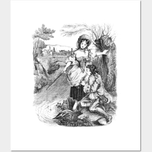 Idyllic Rustic Scene with a Girl and a Shepherd. Black and White Vintage Illustration Posters and Art